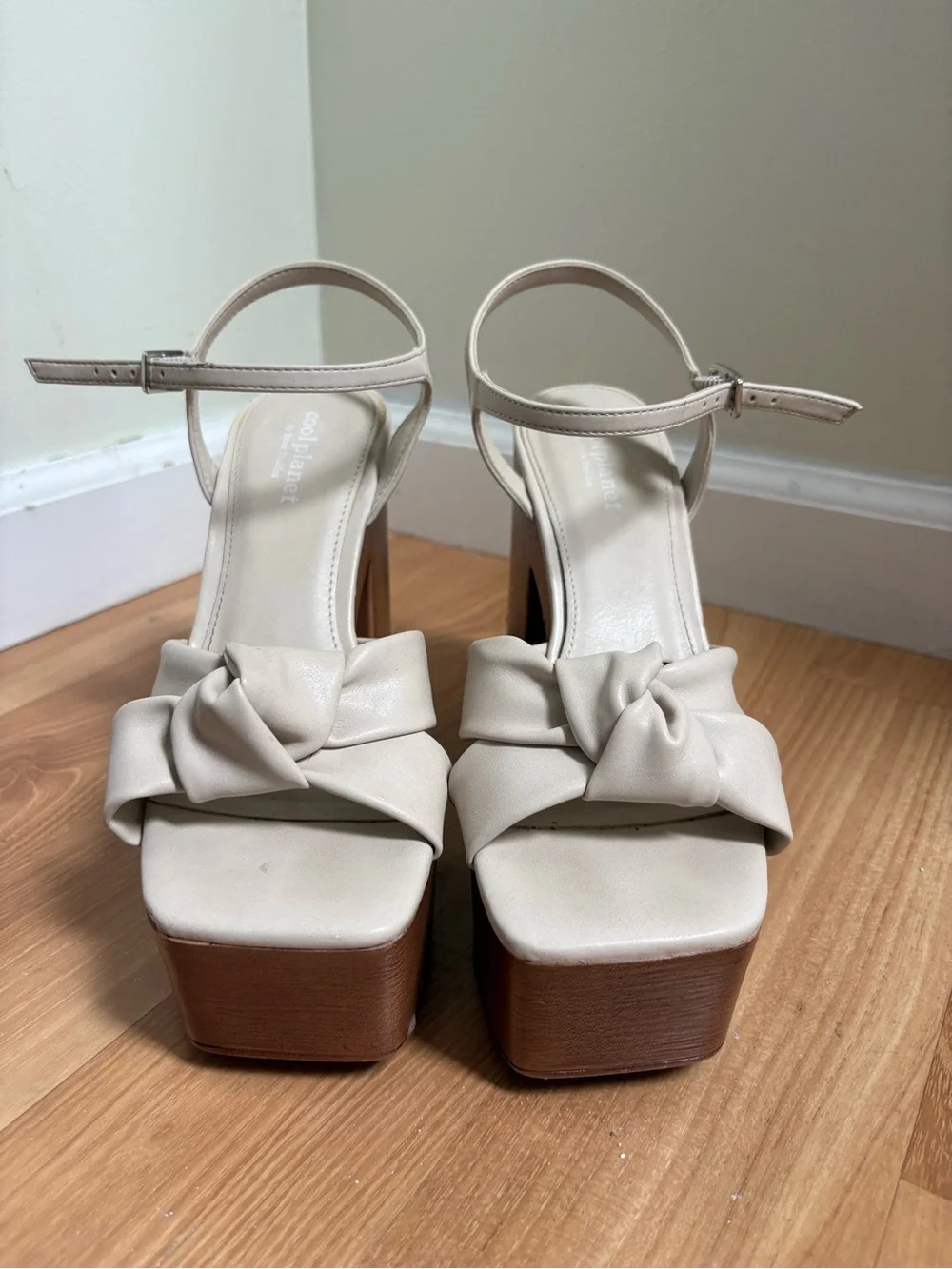 Knotted Cream Platform Block Heel Sandals with Brown Sole